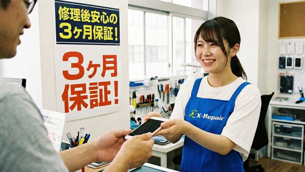 店員が修理したスマートフォンをお客さまに渡している