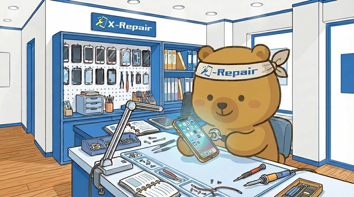 X-Repairのイメージキャラクターが修理したスマートフォンを見せている
