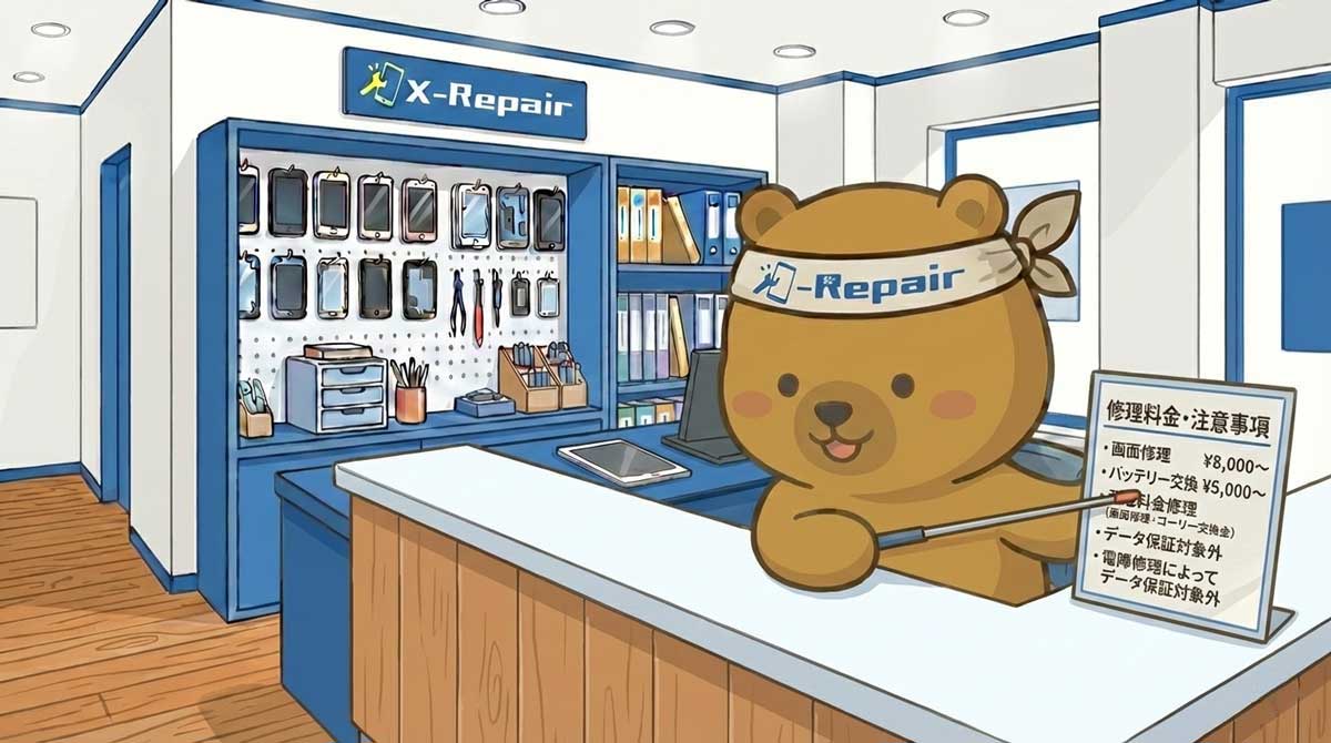 X-Repairのイメージキャラクターが修理料金について説明する