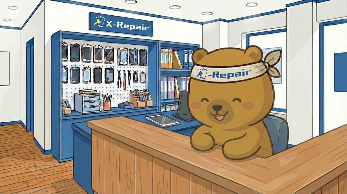 X-Repairのイメージキャラクターが受付カウンターに立つ