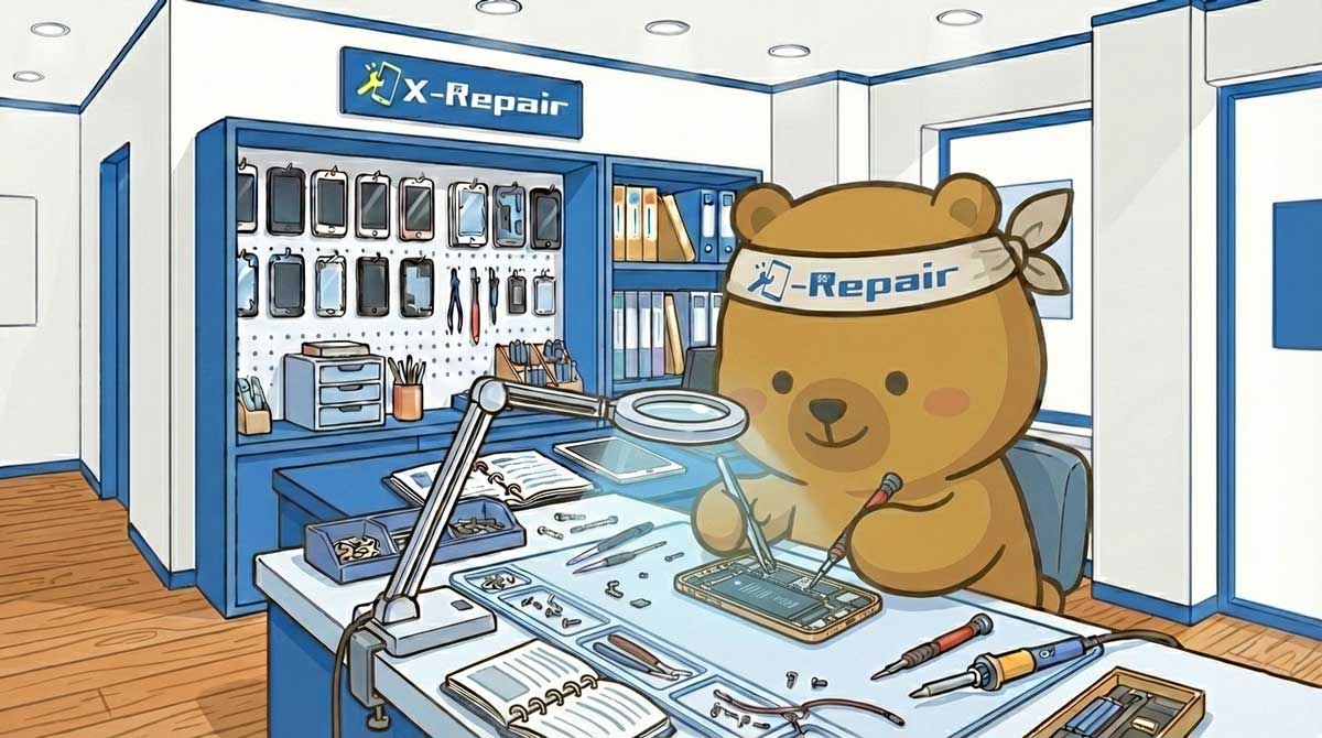 X-Repairのイメージキャラクターが修理作業をしている