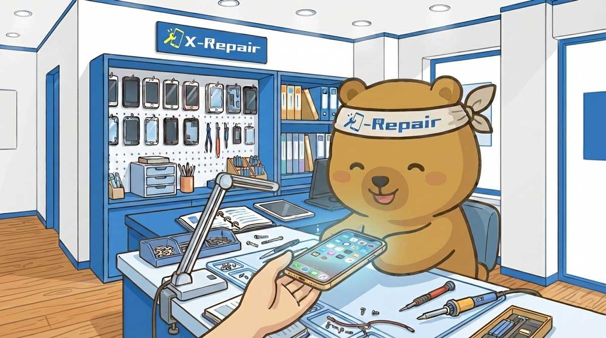 X-Repairのイメージキャラクターが修理を終えたスマートフォンを返還している